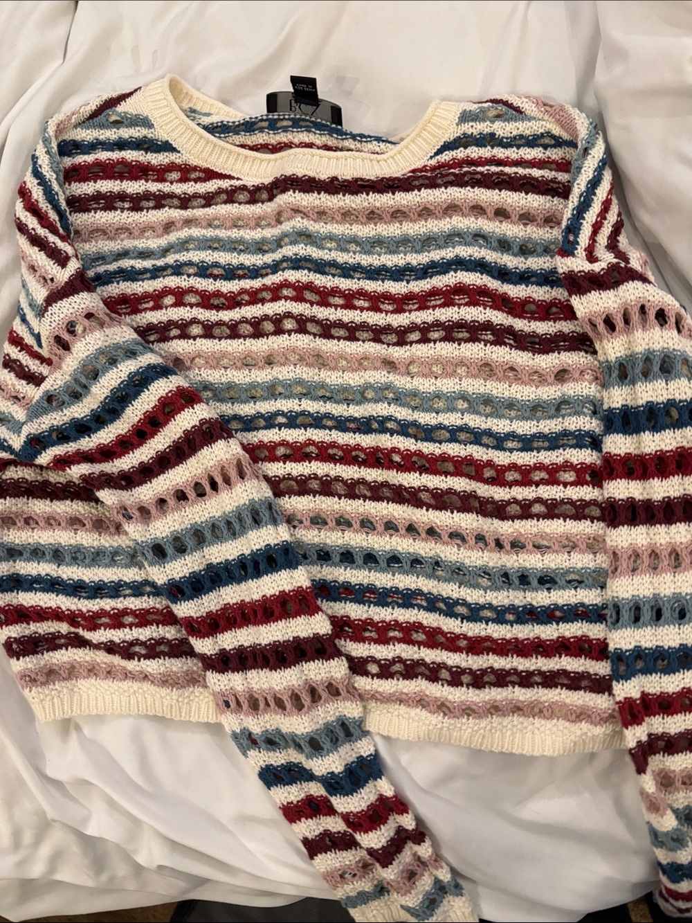 Striped Open-Knit Crewneck Croo ToSweater in Cream, burgundy, teal, mauve shades